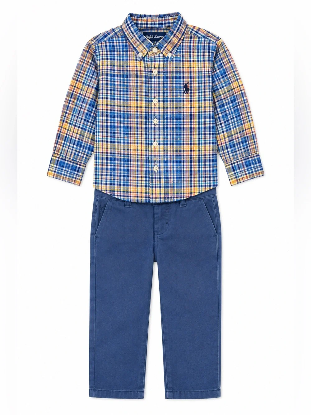 Polo Ralph Lauren Boys 2T Plaid Button Down Shirt Blue Chino Pants Outfit Set